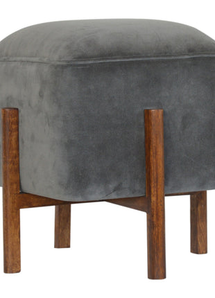 Solid Wood Grey Velvet Footstool