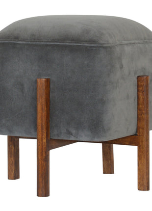 Solid Wood Grey Velvet Footstool