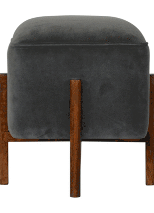 Solid Wood Grey Velvet Footstool