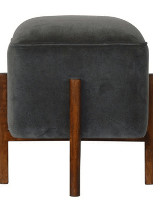 Solid Wood Grey Velvet Footstool