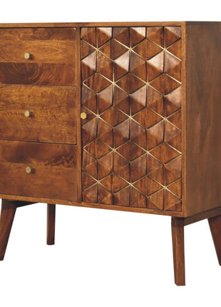 Kastanienholz-Würfelschrank mit Messing-Intarsien
