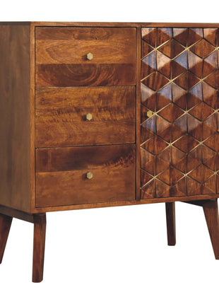 Kastanienholz-Würfelschrank mit Messing-Intarsien