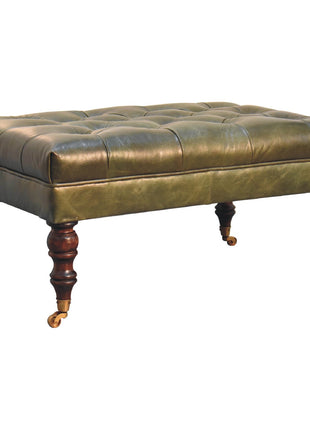 Buffalo Green Leather Ottoman with Castor Legs