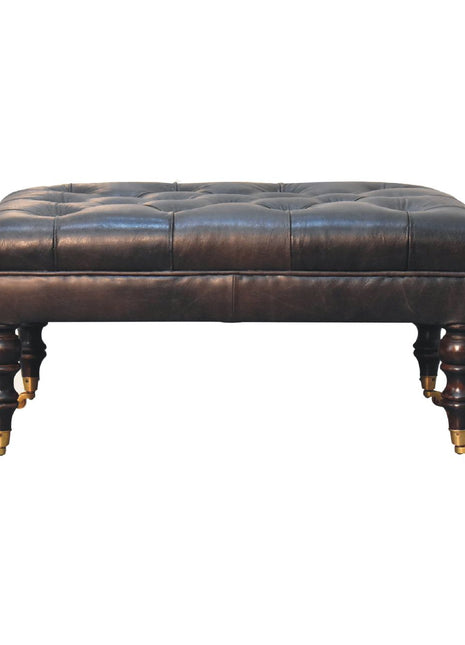 Buffalo Ash Black Leather Ottoman with Castor Legs
