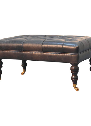 Buffalo Ash Black Leather Ottoman with Castor Legs