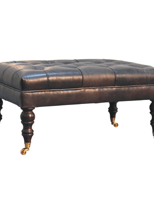 Buffalo Ash Black Leather Ottoman with Castor Legs