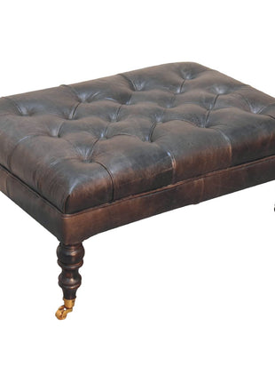 Buffalo Ash Black Leather Ottoman with Castor Legs