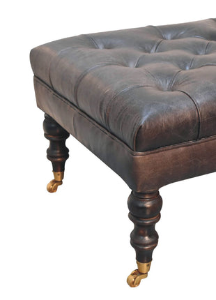 Buffalo Ash Black Leather Ottoman with Castor Legs