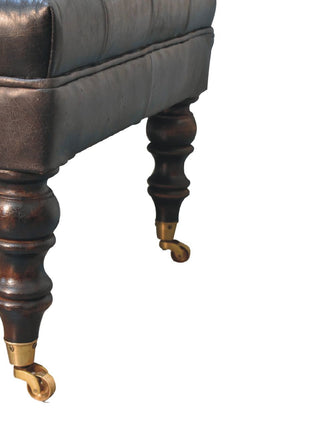 Buffalo Ash Black Leather Ottoman with Castor Legs