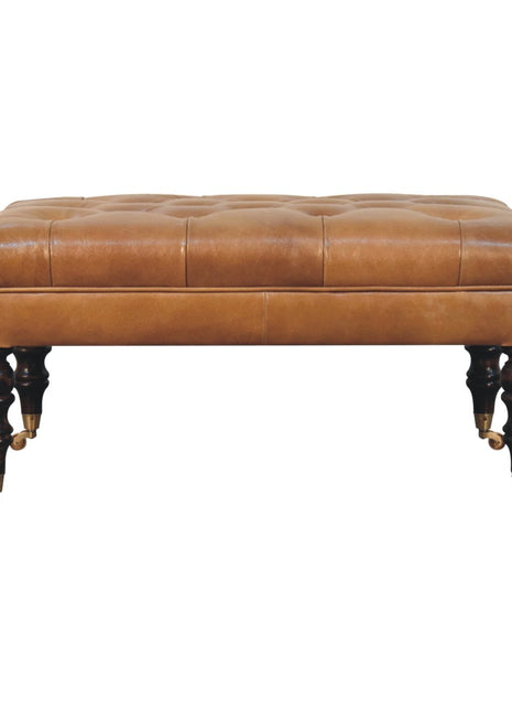 California Walnut Buffalo Tan Leather Ottoman with Castor Legs