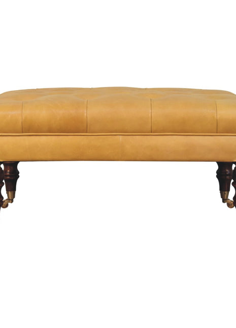 Honey Caramel Buffalo Ash Black Leather Ottoman with Castor Legs