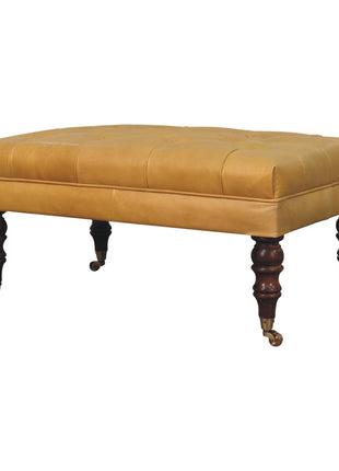 Honey Caramel Buffalo Ash Black Leather Ottoman with Castor Legs