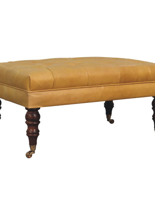 Honey Caramel Buffalo Ash Black Leather Ottoman with Castor Legs