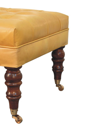 Honey Caramel Buffalo Ash Black Leather Ottoman with Castor Legs