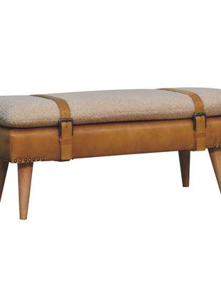 Bouclé Buffalo Hide Tan Leather Bench