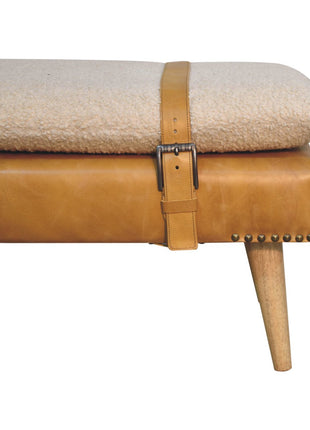 Bouclé Buffalo Hide Tan Leather Bench