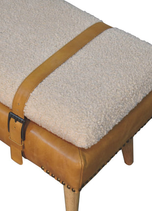 Bouclé Buffalo Hide Tan Leather Bench