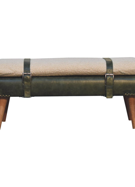 Bouclé Buffalo Hide Olive Green Leather Bench