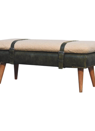 Bouclé Buffalo Hide Olive Green Leather Bench