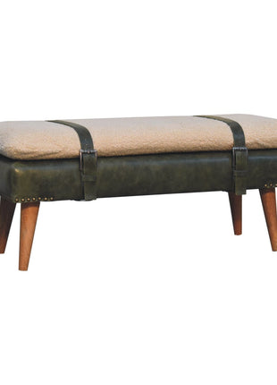 Bouclé Buffalo Hide Olive Green Leather Bench