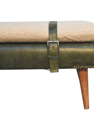 Bouclé Buffalo Hide Olive Green Leather Bench