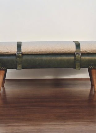 Bouclé Buffalo Hide Olive Green Leather Bench