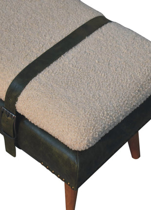 Bouclé Buffalo Hide Olive Green Leather Bench