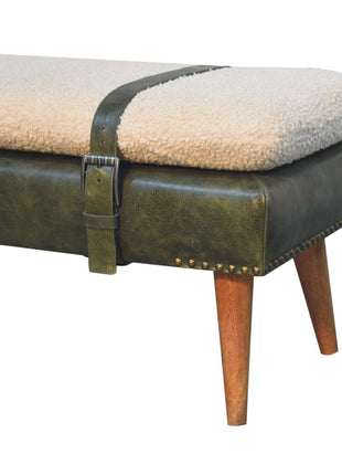Bouclé Buffalo Hide Olive Green Leather Bench