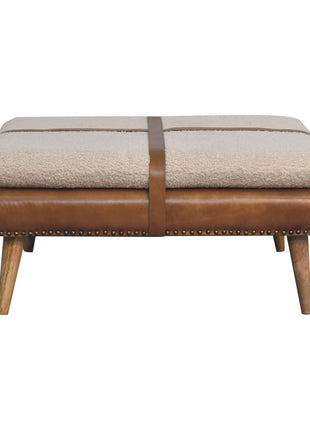 Large Square Bouclé Buffalo Hide Brown Leather Footstool