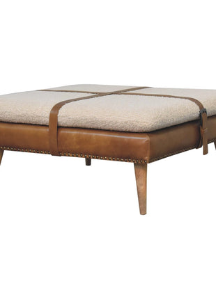 Large Square Bouclé Buffalo Hide Brown Leather Footstool