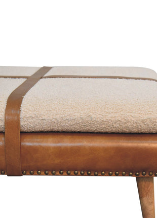 Large Square Bouclé Buffalo Hide Brown Leather Footstool