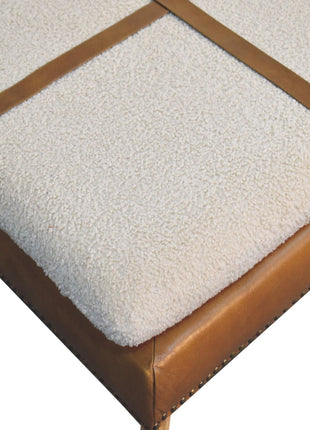 Large Square Bouclé Buffalo Hide Brown Leather Footstool