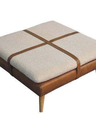Large Square Bouclé Buffalo Hide Brown Leather Footstool