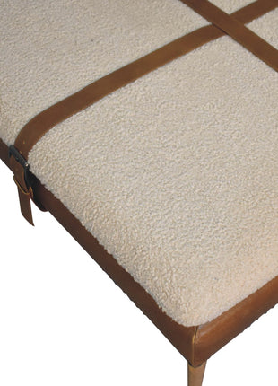 Large Square Bouclé Buffalo Hide Brown Leather Footstool