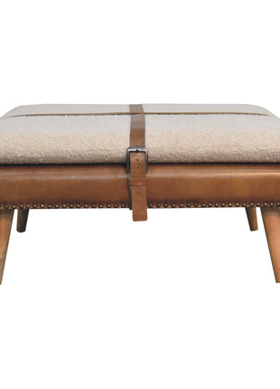 Large Square Bouclé Buffalo Hide Brown Leather Footstool