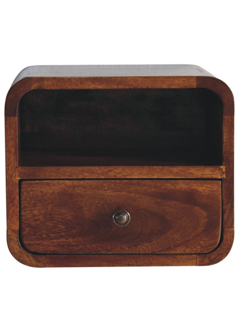 Extra Mini Wall Mounted Curved Chestnut Bedside with Open Slot