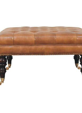 Studded Buffalo Tan Leather Ottoman with Castor Legs