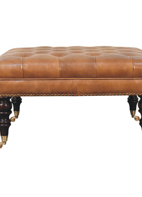 Studded Buffalo Tan Leather Ottoman with Castor Legs