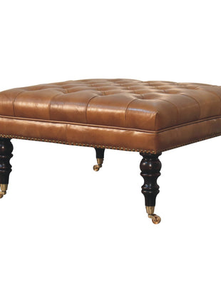 Studded Buffalo Tan Leather Ottoman with Castor Legs