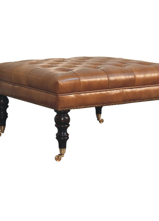 Studded Buffalo Tan Leather Ottoman with Castor Legs