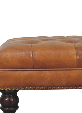 Studded Buffalo Tan Leather Ottoman with Castor Legs