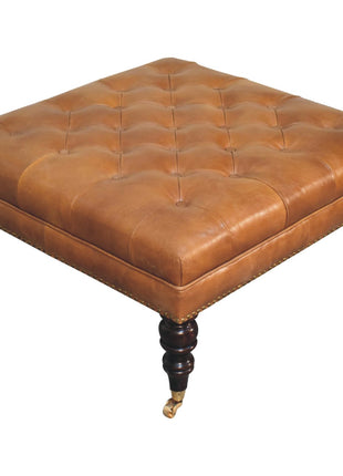 Studded Buffalo Tan Leather Ottoman with Castor Legs