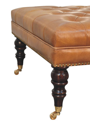 Studded Buffalo Tan Leather Ottoman with Castor Legs