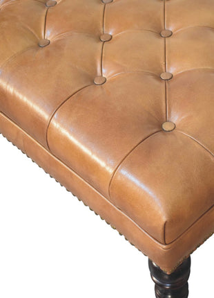 Studded Buffalo Tan Leather Ottoman with Castor Legs