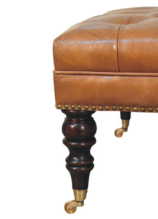 Studded Buffalo Tan Leather Ottoman with Castor Legs