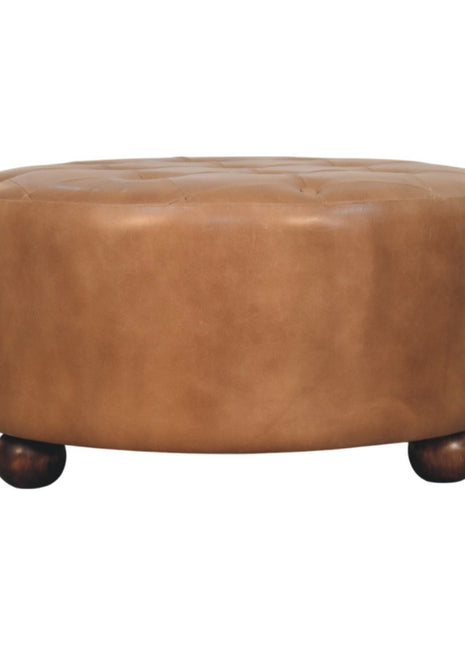Brown Buffalo hide leather Round Ottoman
