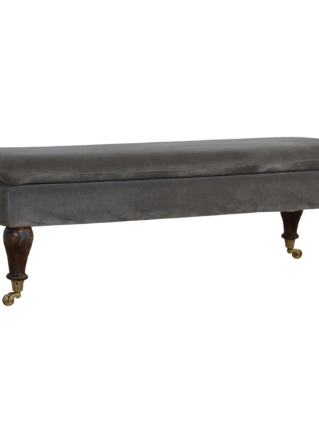 Grey Velvet Bench with Castor Feet