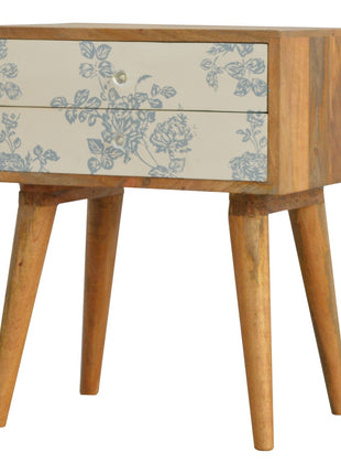 Blaues Nachttischchen mit Blumenmuster